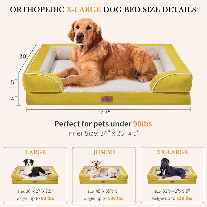 Orthopedic XL Dog Beds, Waterproof Extra Large Dog Bed with Bolster, Washable Dog Bed Sofa with Removable Cover & Non-Slip Bottom(X-large,Spicy Mustard)