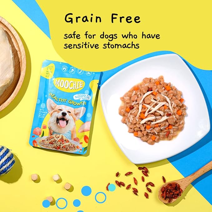 MOOCHIE Healthy Growth Wet Puppy Food - Soft Dog Food - Made with Real Chicken, Beef, Vegetables and Rice - No Added Preservatives or Artifical Flavors - 12 x 3 oz Pouch