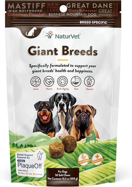 NaturVet Giant Breeds Supplement- for Joint Support, Digestion, Skin, Coat Care- Dog Multivitamins with Minerals, Omega-3, PlaqueOff- Wheat-Free Vitamins for Dogs- Giant Breeds- 50 Soft Chews