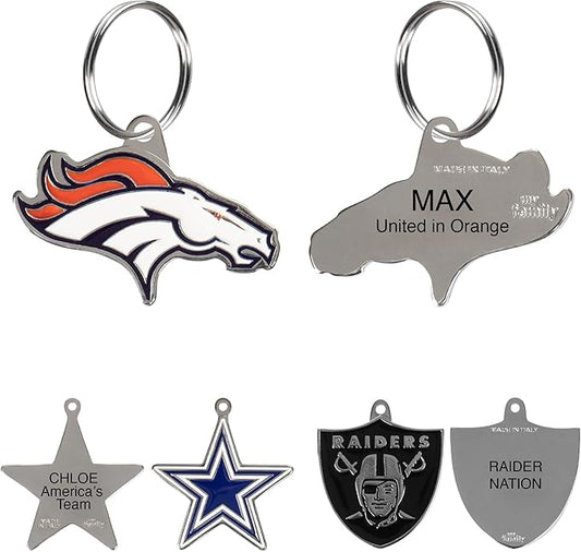 NFL Denver Broncos Engraving Pet ID Tags in 32 Team Logo Shapes Personalized Dog Tags and Cat Tags with 3 Lines of Customizable Text for Tracking & Safety. Stainless Steel Pet ID Tracking Tags