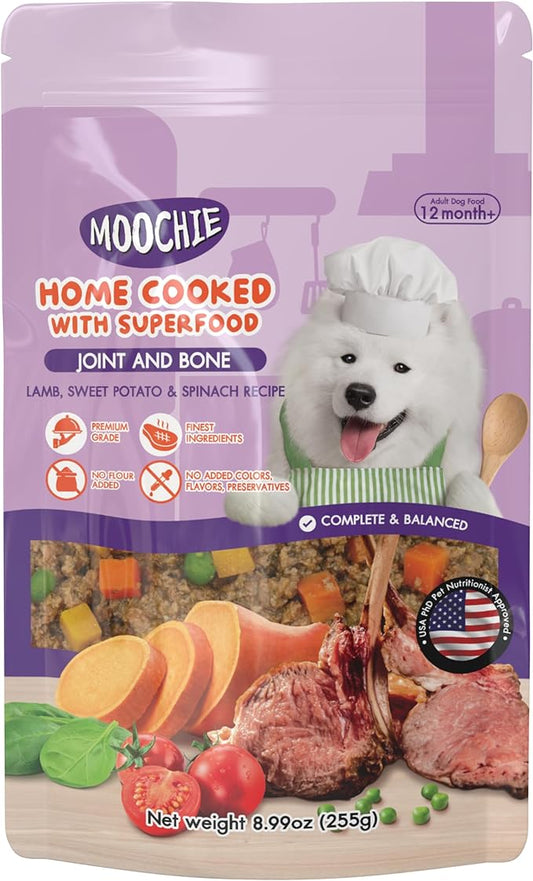 MOOCHIE Home Cooked Superfood Natural Wet Dog Food Recipe - Joint & Bone - Made with Lamb, Sweet Potato and Spinach - No Added Preservatives or Artificial Flavoring - 9 oz x 6 Pouches