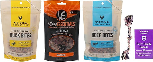 Vital Essentials Freeze-Dried Raw Dog Treats 3 Flavor Variety - (1) Each: Beef Bites, Beef Liver, Duck Bites (2-2.5 Ounces) - Plus Rope Toy and Fun Animal Facts Booklet Bundle