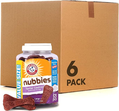 Arm & Hammer for Pets Nubbies Dental Treats for Dogs Dental Chews Fight Bad Breath, Plaque & Tartar Without Brushing Bacon Flavor Value Bucket (Pack of 6, 53 Count Total)
