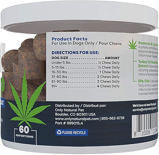 Only Natural Pet Allergy, Skin & Coat Hemp Soft Chews - Allergy Immune Bites for Dogs, Omega 3 Supplement, Hemp Oil - Calming Treats for Itchy Skin Relief, Hot Spot - (60 Count)