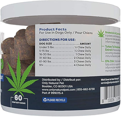 Only Natural Pet Allergy, Skin & Coat Hemp Soft Chews - Allergy Immune Bites for Dogs, Omega 3 Supplement, Hemp Oil - Calming Treats for Itchy Skin Relief, Hot Spot - (60 Count)