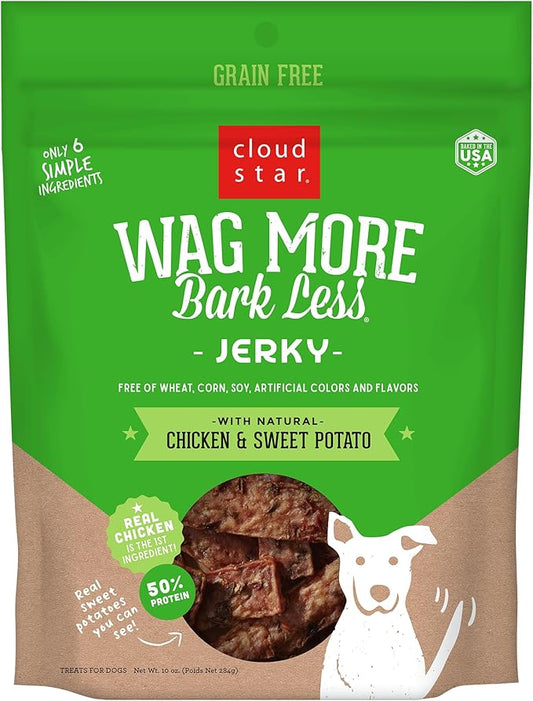Cloud Star Wag More Bark Less Chicken & Sweet Potato Recipe Grain-Free Jerky Dog Treats 10 Ounce Bag, Model: 693804191113