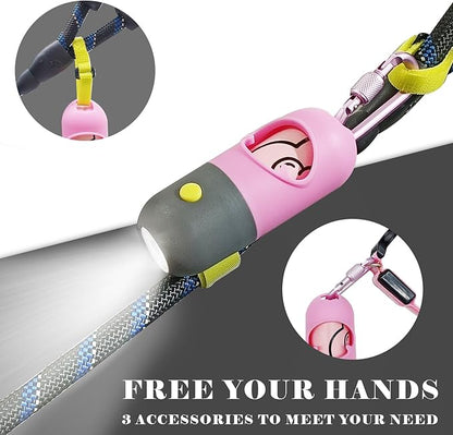 Dog Poop Bag Dispenser with Flashlight|Dog Poop Bag Holder with Leash Clip|Hands-Free Leash Poop Bag Holder with Straps and 1 Roll Dog Waste Bags (Pink)