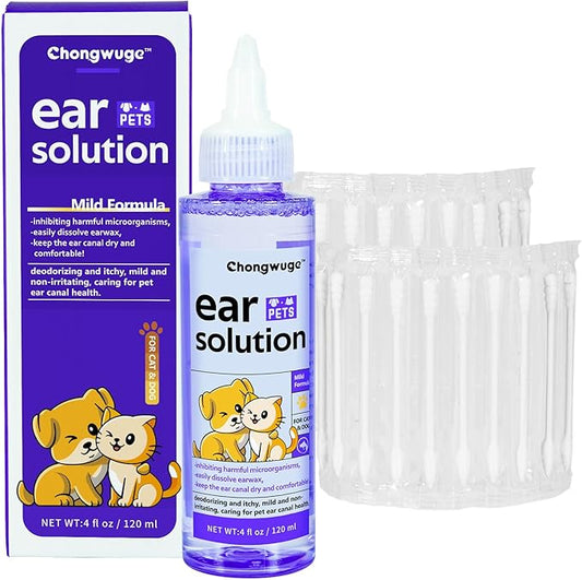 Pets Ear Cleaner for Dogs & Cats, Alleviate Infections, Deodorizing and Itchy, Clean Wax, Mild and Non-irritating, Care for Pet, with 20 Cotton Swabs, 4 fl oz