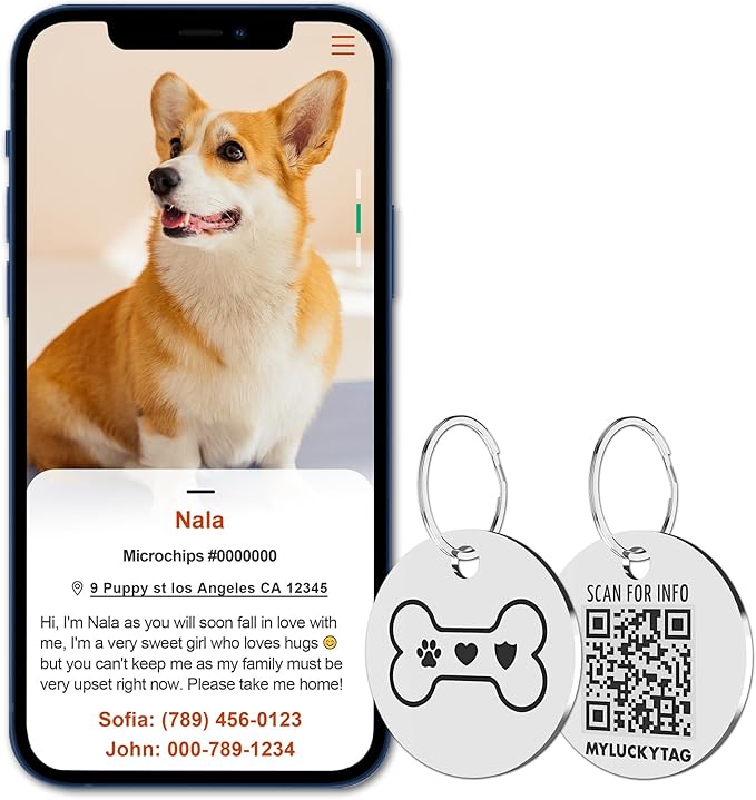 MYLUCKYTAG Stainless Steel QR Code Pet ID Tags Dog Tags - Pet Online Profile - Scan QR Receive Instant Pet Location Alert Email