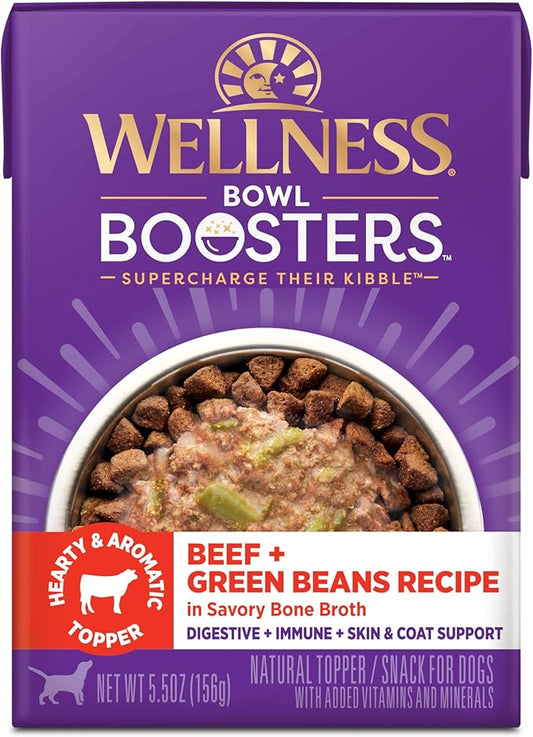 Wellness Bowl Boosters Hearty Toppers, Beef & Green Beans Recipe in Savory Bone Broth Dog Food Toppers, 5.5 Ounce Pouch (Pack of 12)