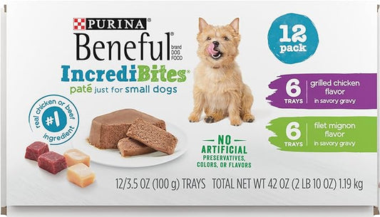 Beneful IncrediBites Grilled Chicken Flavor and Filet Mignon Flavor Wet Food for Small Dogs Variety Pack - 3.5 Ounce (Pack of 12)