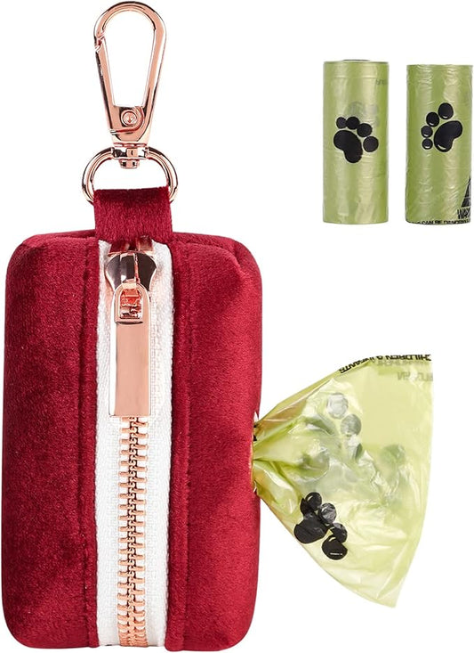 ARING PET Dog Waste Bag Dispenser, Soft Velvet Doggy Poop Bags Holders Attach to Any Leashes, Portable Washable Christmas Pet Waste Pouch Dispenser with Metal Zipper