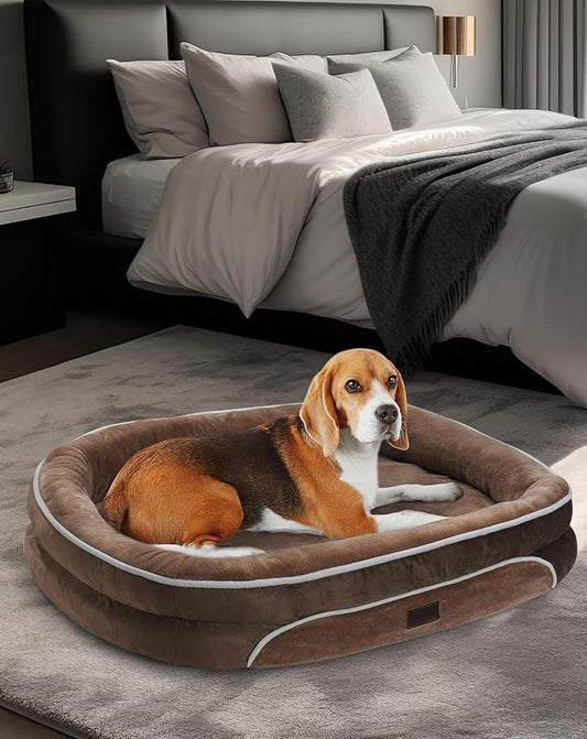 Orthopedic Dog Bed for Large Dogs, Dog Couch Design with Egg Foam Support, Removable, Machine Washable Plush Cover and Non-Slip Bottom with Four Sided Bolster Cushion (Khaki)