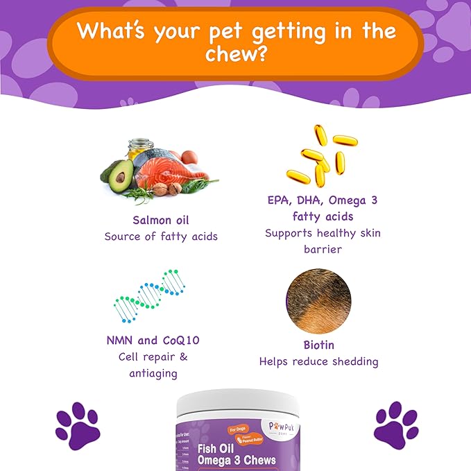 Omega 3 Salmon Fish Oil Chews for Dogs, Skin & Coat, Reduced Itching, Hip & Joint Mobility, Co-Q10, EPA, DHA, NMN (90 Soft Chews)