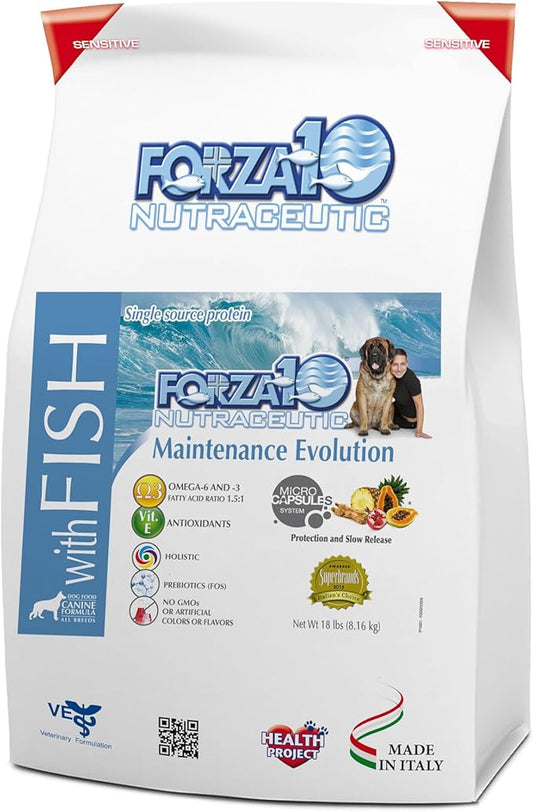 Forza10 Dry Dog Food Maintenance Evolution, Single Source Protein for Easy Digestion, Adult Dog Food for All Breeds, 18 Pound Bag (Fish)