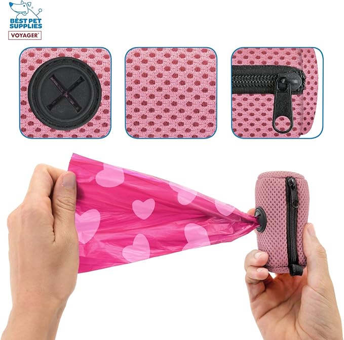 Best Pet Supplies Dog Poop Bag Holder Leash Attachment with 15 Bags, Pink, Reusable Mesh Dispenser Pouch for Travel, Walking, Park, and Outdoor Use, Soft and Durable with Clip-On