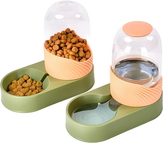 Noa Store Cat Water and Food Dispenser Set, 6.2" Wx12.9 Lx8.6 H each - Automatic Dog Feeder and Waterer - Self-Feeding Gravity Bowls for Indoor Pets - Convenient Hydration Solution - 2 Pack, Green