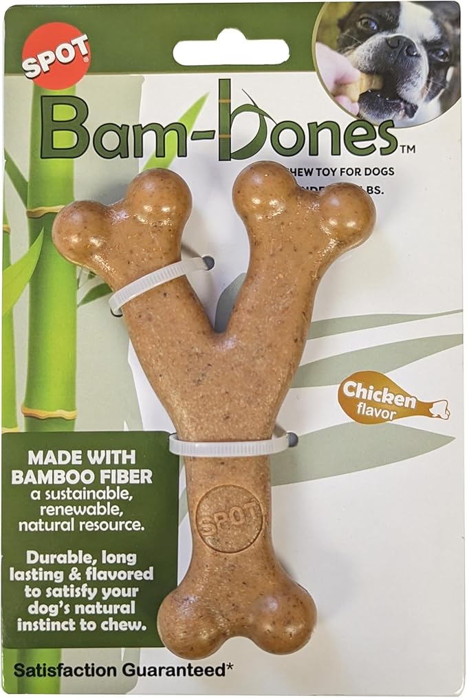 SPOT Bam-Bones Wishbone - Made with Strong Bamboo Fiber, Durable Long Lasting Dog Chew for Light to Moderate Chewers, Great Toy for Adult Dogs & Teething Puppies under 30lbs, 5.25in, Chicken Flavor