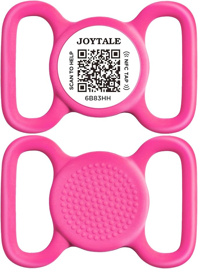 Joytale [ NO APP Required ] Silent Silicone QR Code Dog Tag, Slide On Dog Tags for 1.2-1.6Inch Collars or Vest, NFC Pet Online Profile, Scan QR to Send Location Alert Email, Hot Pink, L