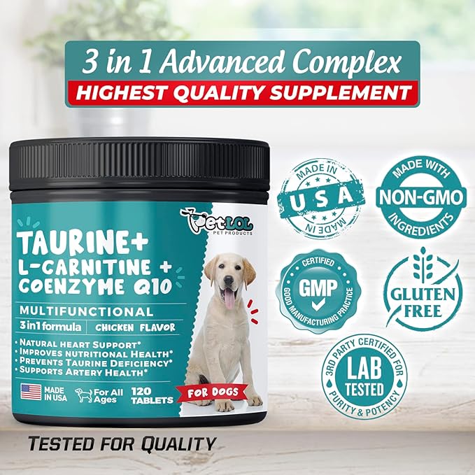 Taurine Supplement for Dogs with L-Carnitine and Coenzyme Q10 (CoQ10): Vet Endorsed for Enlarged Heart (DCM), Congestive Heart Failure, Taurine Deficiency: 3-in-1 Multivitamin Dog Supplements- 120ct
