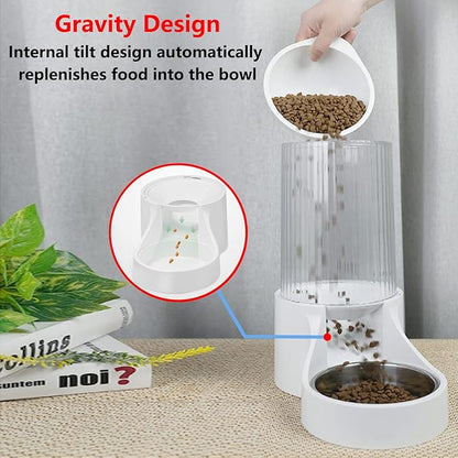 Automatic Cat Feeder, 3.8L Large Automatic Cat Feeders Gravity Cat Food Dispenser with Detachable Top Lid, Visible Bottle and Stainless Steel Bowl for Cat, Dog and Pet (White)