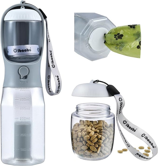 Dog Water Bottle with Food Container & Poop Bag Holder, Travel Water Bowl, Portable Pet Dispenser, Dog Stuff Accessories Items, Puppy Essentials Necessities for Yorkie Chihuahua Walking Hiking