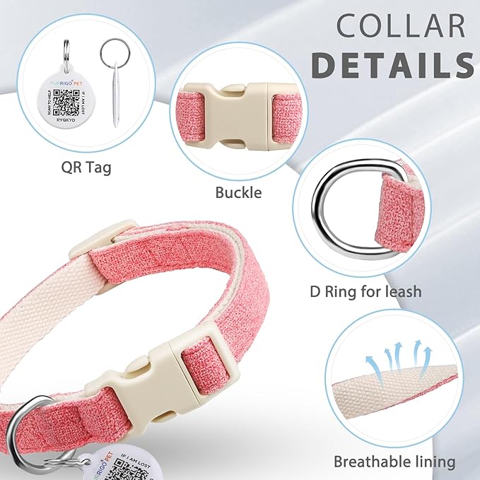 Dog Collar with QR Code ID Tag, Heavy Duty Dog Collars Cotton Hemp Durable Comfortable Padded, Personalized Lost and Found Name Tags, Fits for Small Medium Large Dogs (Pink,M)
