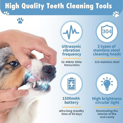 Plaque Remover for Teeth: Dog Teeth Cleaning Kit for Tartar Stains Removal Electric Pet Ultrasonic Tooth Cleaner with LED Light Finger Toothbrush Dental Care for Dog Cat 5 Modes (White)