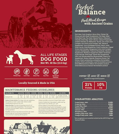 Muenster Perfect Balance Pork Meal w/Ancient Grains Dog Food (30lb) - Gluten Free Dry Dog Food – Non-GMO Gluten Free Dog Food - Complete & Balanced Dog Kibble for All Breeds & Life Stages