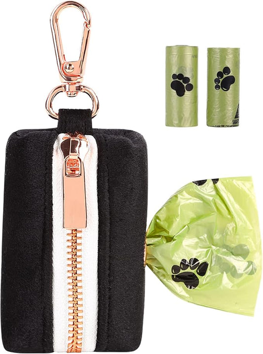 ARING PET Dog Waste Bag Dispenser, Soft Black Doggy Poop Bags Holders Attach to Any Leashes, Velvet Portable Washable Pet Waste Pouch Dispenser with Metal Zipper