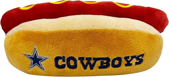 Pets First NFL Dallas Cowboys HOT Dog Plush Dog & CAT Squeak Toy - Cutest HOT-Dog Snack Plush Toy for Dogs & Cats with Inner Squeaker & Beautiful Football Team Name/Logo, 8 x 5 x 3 Inches