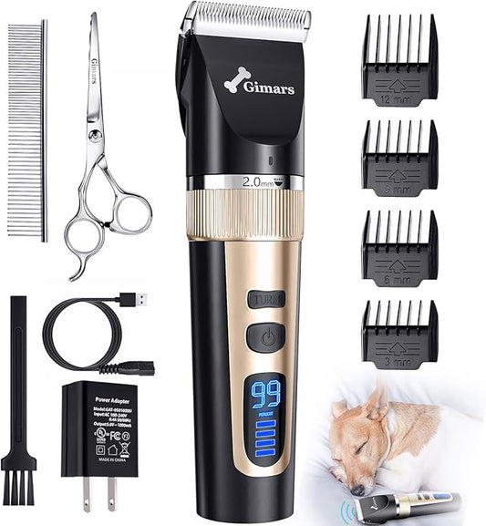 Gimars Cordless 3-Speed Dog Clippers with Stainless Steel Dog Grooming Scissors Kits, Low Noise Quiet Rechargeable Pets Hair Thick Coats Trimmers Dog Shaver Clippers Kit for Dogs Cats Pet…