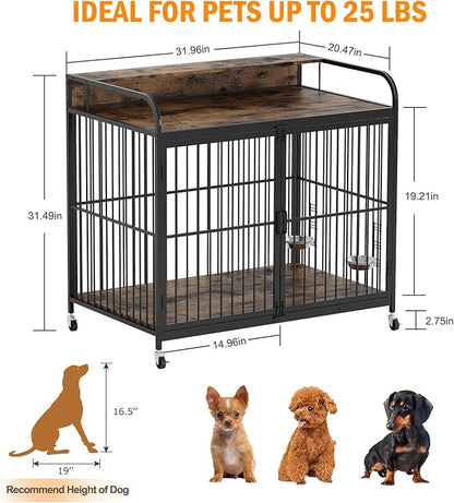 31.96 Inch Dog Crate Furniture, Wooden Heavy Duty Dog Crate with Adjustable Height and 360° Rotating Feeder, 2-in-1 Dog Kennel End Table Indoor, Decorative Pet Dog Crate (31.96"L x 20.47"W x 31.49"H)
