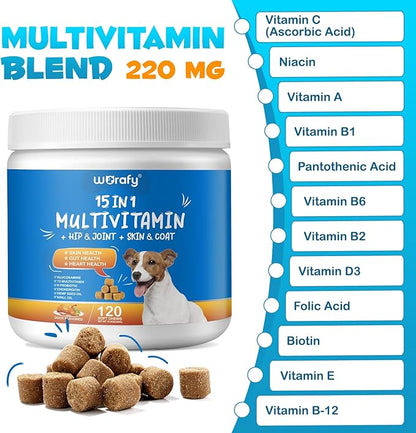 Dog 15-in-1 Multivitamin Chewable, Dog Vitamins & Supplements, Pet Joint Support Health - Immunity - Mobility - Gut - Skin, Dog Vitamins with Biotin, Cranberry, Glucosamine for Dogs (120 Chews)
