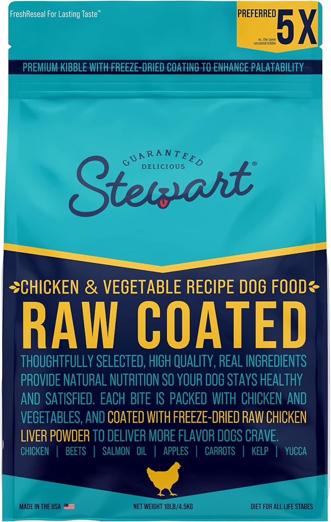 Stewart Dog Food, Raw Coated Chicken & Vegetable Recipe, 10 lb. Bag, Probiotics for Dogs, Made in USA, Chicken Dog Food, Products for Dogs