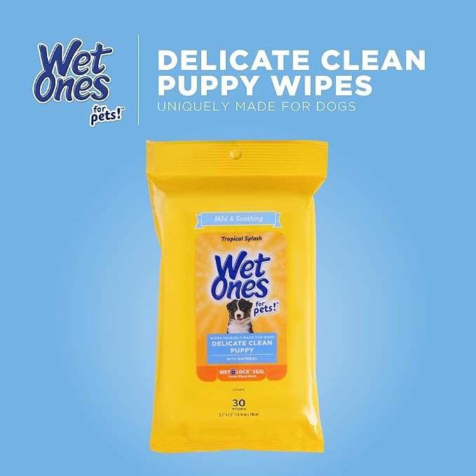 Wet Ones for Pets Delicate Clean Puppy Cleaning Wipes With Oatmeal | Mild & Soothing Puppy Grooming Wipes in Tropical Splash Scent, Wet Ones Wipes with Wet Lock Seal | 30 Ct Pouch Dog Wipes