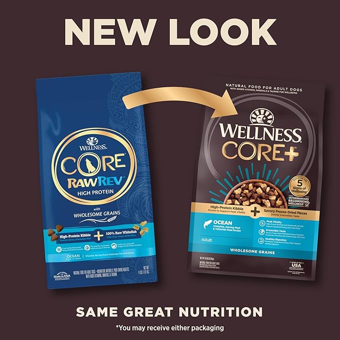 Wellness CORE+ Grained Dry Dog Food, Ocean Recipe with Freeze Dried Whitefish, 18 Pound Bag