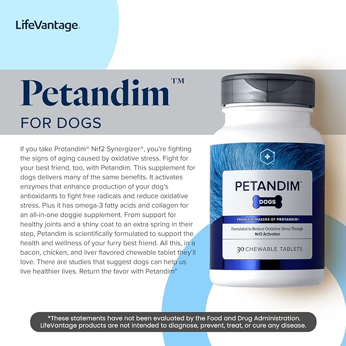 Petandim Dog Vitamins, 30 Chewable Tablets, Reduce Oxidative Stress, Joint Supplement for Dogs, Dog Skin and Coat Supplement, Vitamin for Dogs in a Bacon, Chicken, and Liver Flavored Chewable Tablet