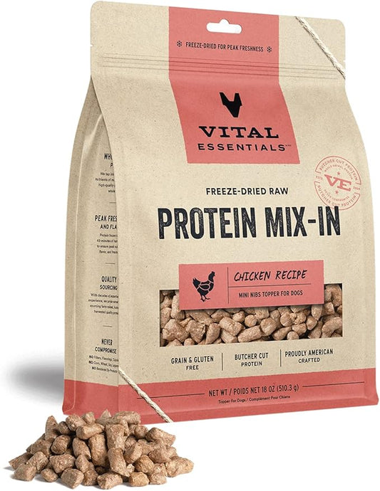 Vital Essentials Freeze Dried Raw Protein Mix-in Dog Food Topper, Chicken Mini Nibs Topper for Dogs, 18 oz