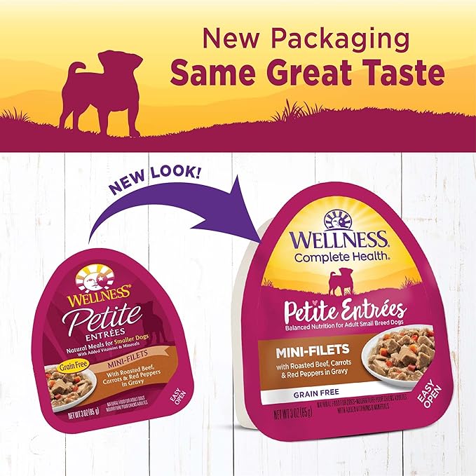 Wellness Petite Entrees Mini Fillets Grain Free Natural Wet Small Breed Dog Food, Roasted Beef, Carrots & Red Peppers, 3-Ounce Cup (Pack of 24)