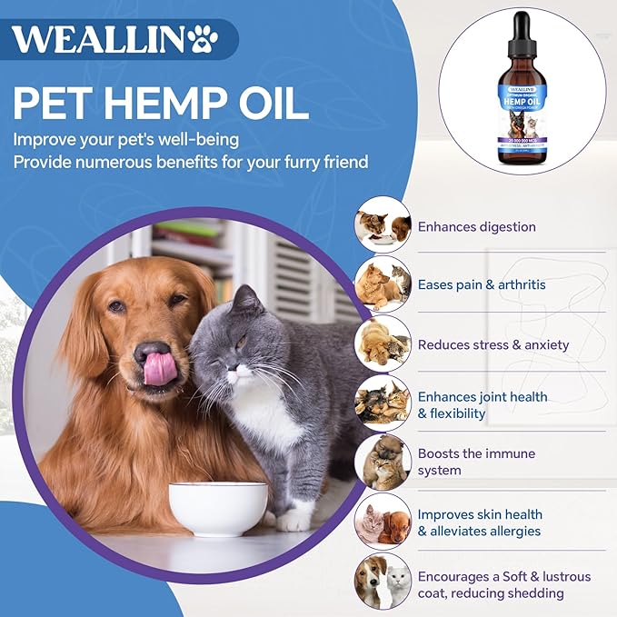 Hemp Oil for Dogs and Cats, rich in Omega 3, 6, 9 and Organic Extract Helps Pets with Anxiety, Pain, Skin and Coat Health, Stress, Hip and Joint Support, Pet's Calming Treat (1 Pack)