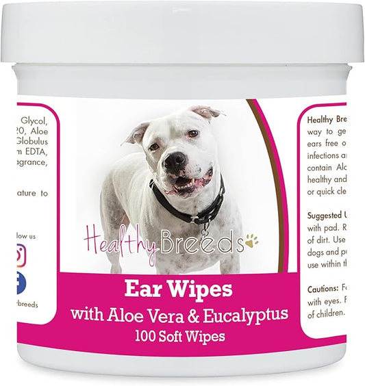 Healthy Breeds Pit Bull, White, Ear Cleaning Wipes with Aloe & Eucalyptus for Dogs 100 Count