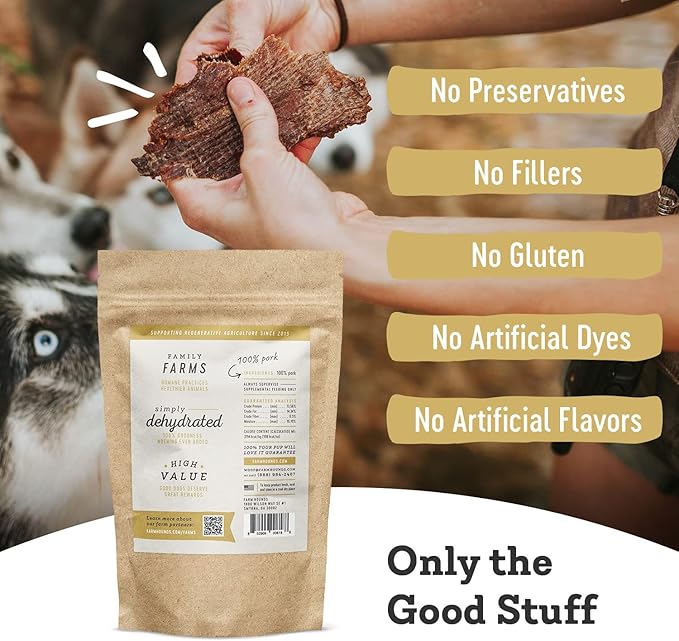 Farm Hounds Premium Pork Jerky for Dogs, 100% Made from Humanely-Raised Pork, Dog Jerky Treats, Healthy Delicious Dog Trainer Dehydrated Pork Jerky Tenders, Made in USA