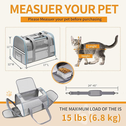 Cat Carrier Dog Carrier Pet Carrier Airline Approved for Small Dogs Medium Cats Puppies Under 15 lbs, Collapsible Soft Sided Dog Travel Carriers for Puppy and Kitten, Light Grey