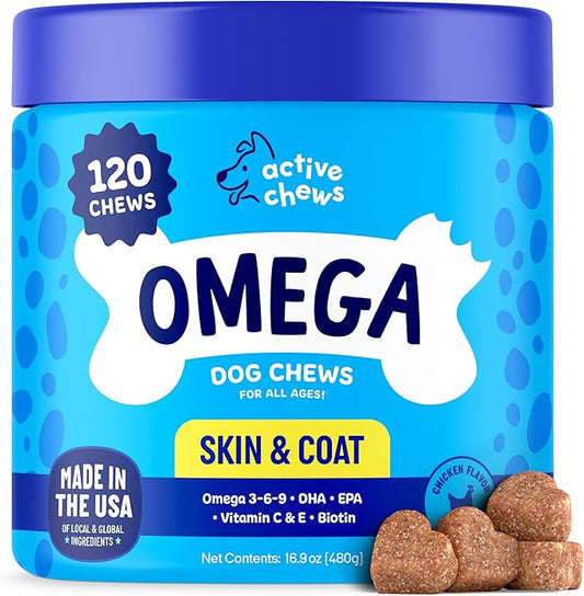 Omega 3 Fish Oil for Dogs Soft Chews 120 ct - Omega 3 for Dogs with Biotin & Vitamin E for Shiny Coat - Dog Skin and Coat Supplement for Itchy, Dry Skin - Shedding Omega 3 6 9 Oil for Dog