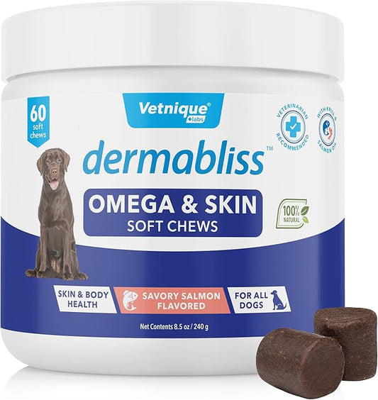 Vetnique Dermabliss Omega & Skin Health Fish Oil for Dogs Soft Chews Healthy Skin & Coat for Dogs with Biotin & DHA - Hickory Salmon Dog Treats (60ct Chews)