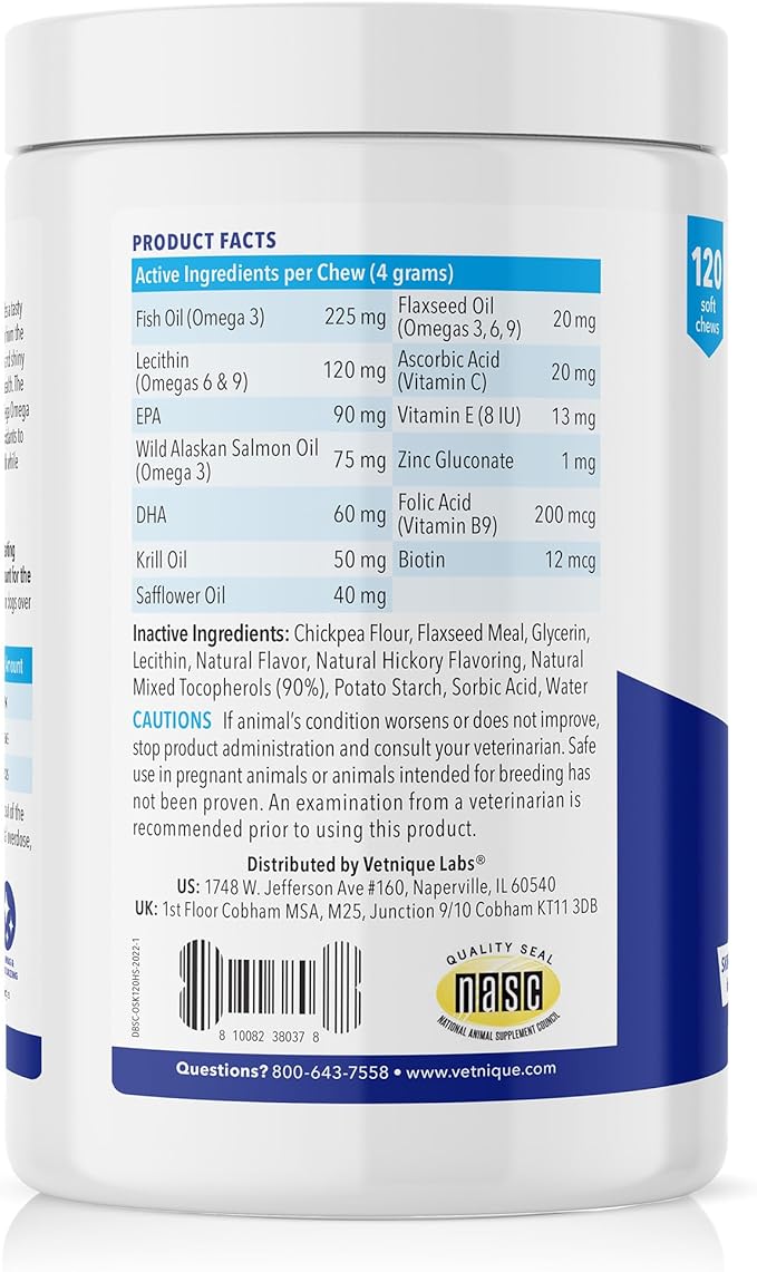 Vetnique Dermabliss Omega & Skin Health Fish Oil for Dogs Soft Chews Healthy Skin & Coat for Dogs with Biotin & DHA - Hickory Salmon Dog Treats (120ct Chews)