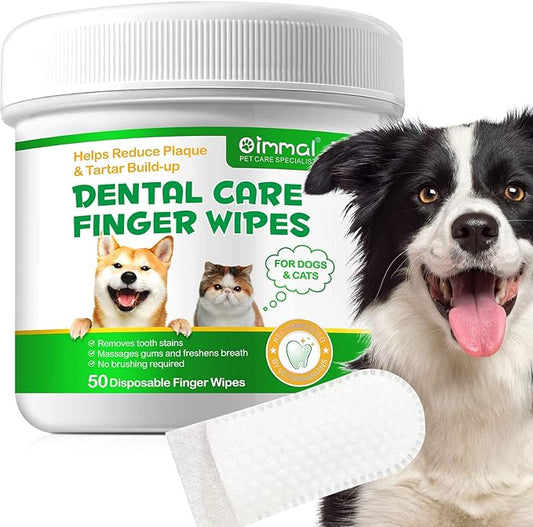 Teeth Cleaning Wipes for Dogs & Cats, Reduces Plaque & Freshens Breath Finger Wipes, Disposable Gentle Cleaning & Gum Care Pet Wipes (50PCS-Finger Cots)