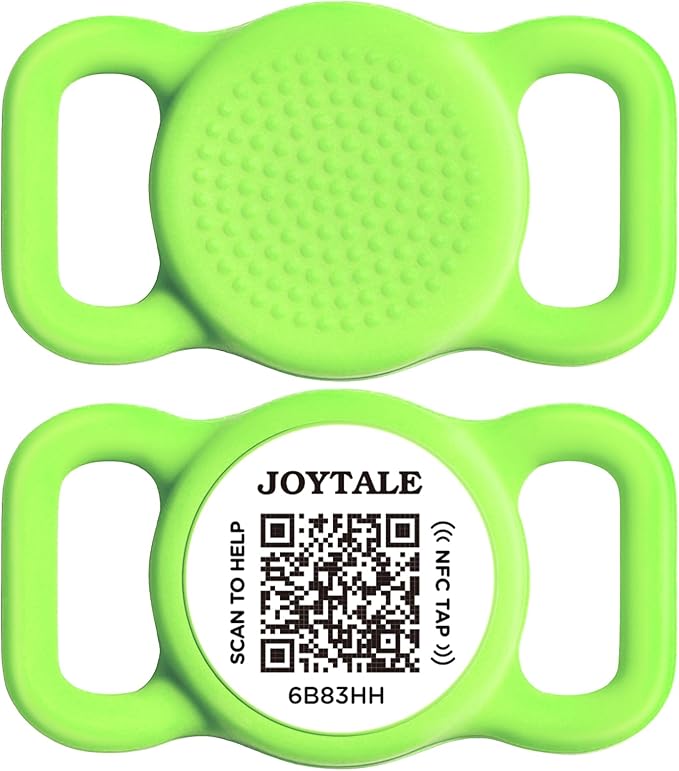 Joytale [ NO APP Required ] Silent Silicone QR Code Dog Tag, Slide On Dog Tags for 1 Inch Wide Collars or Vest, NFC Pet Online Profile, Scan QR to Send Location Alert Email, Green, M