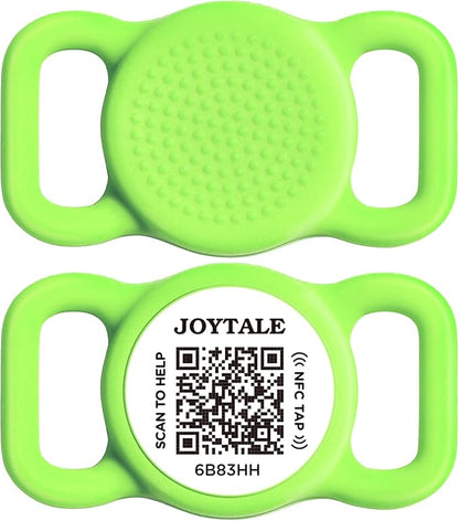 Joytale [ NO APP Required ] Silent Silicone QR Code Dog Tag, Slide On Dog Tags for 1 Inch Wide Collars or Vest, NFC Pet Online Profile, Scan QR to Send Location Alert Email, Green, M